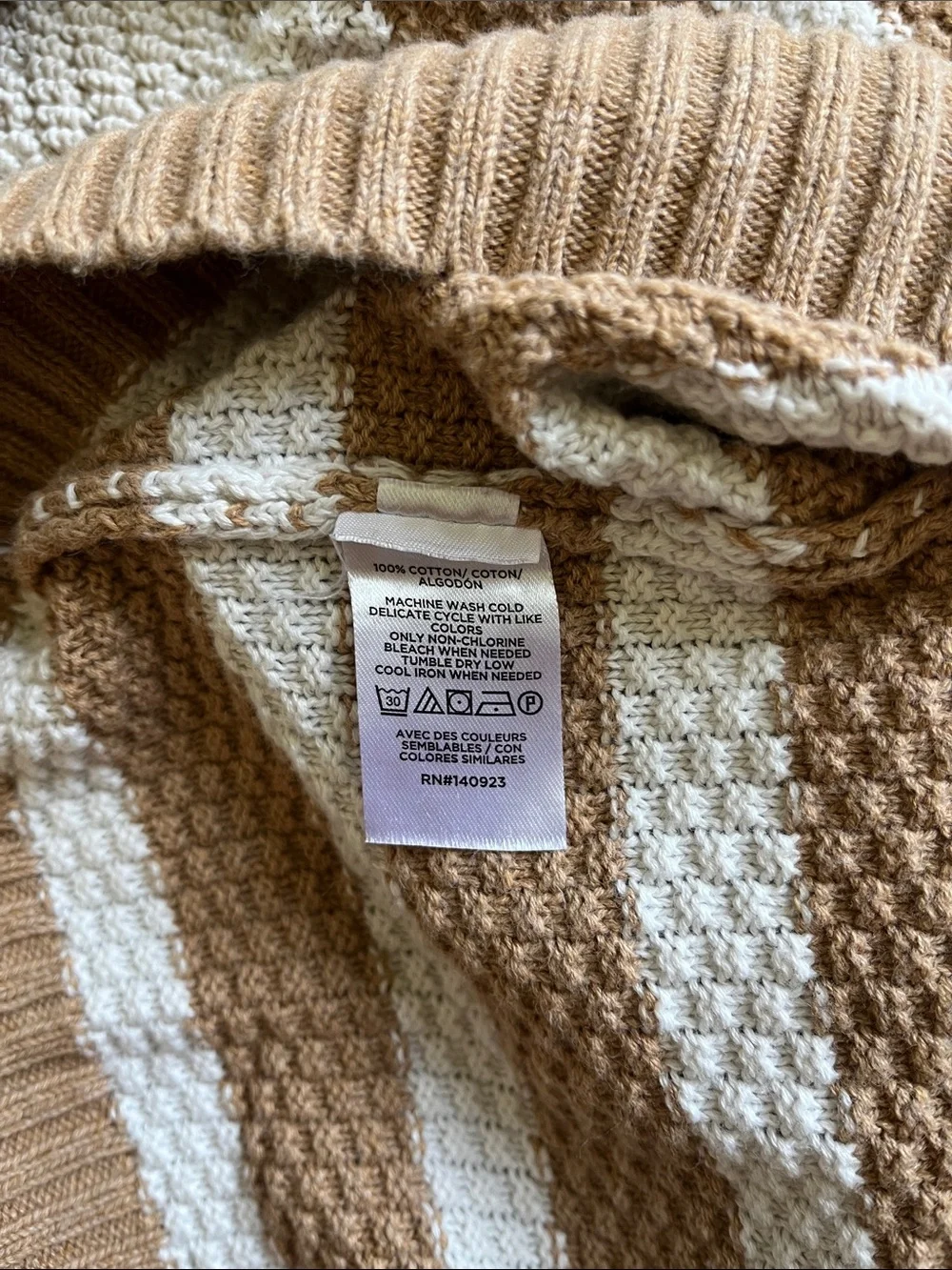 LOFT Camel and White Striped Crewneck Sweater